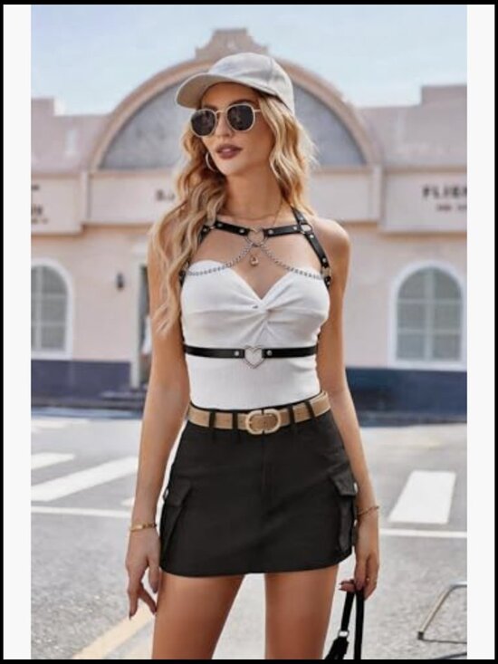 Faux Leather Chain Body Harness Belt - Adjustable Goth Punk Chest Strap Waist main image 7